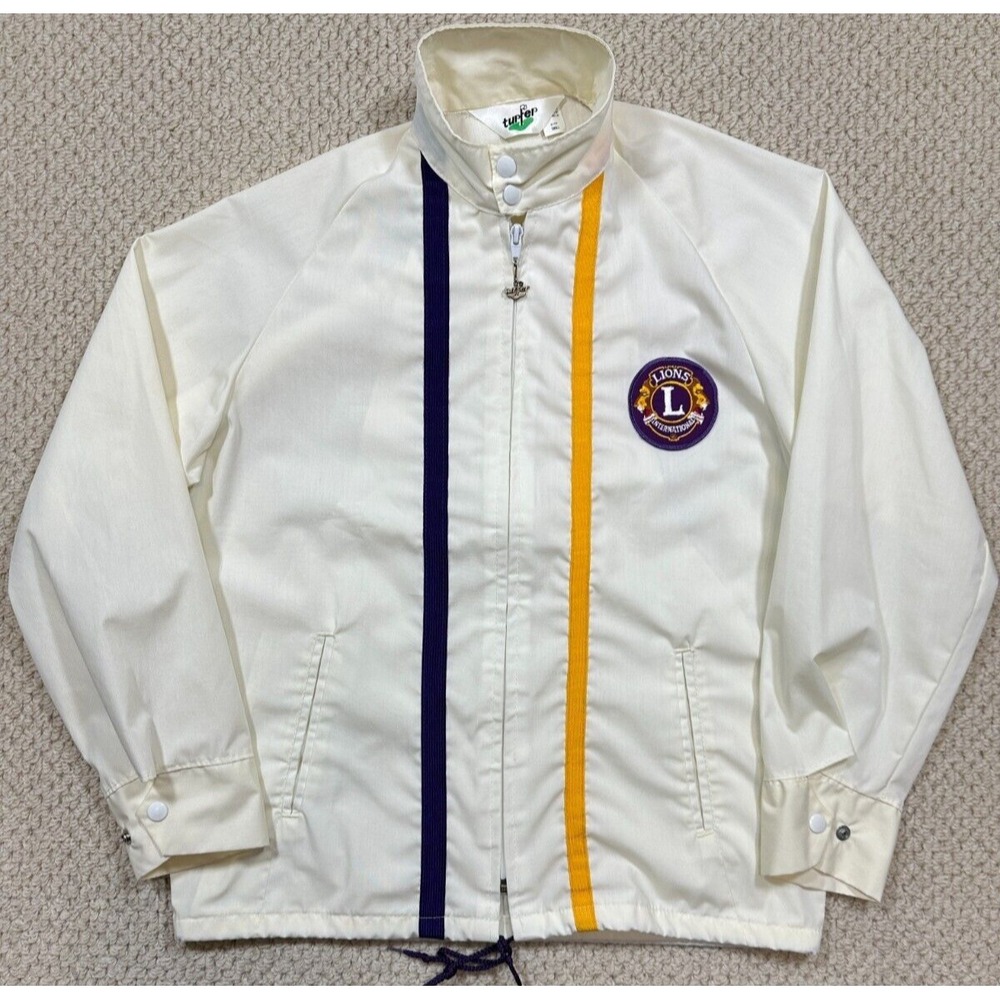 Vtg 70s Lions International Club Jacket Men S White Racing Patch Windbreaker